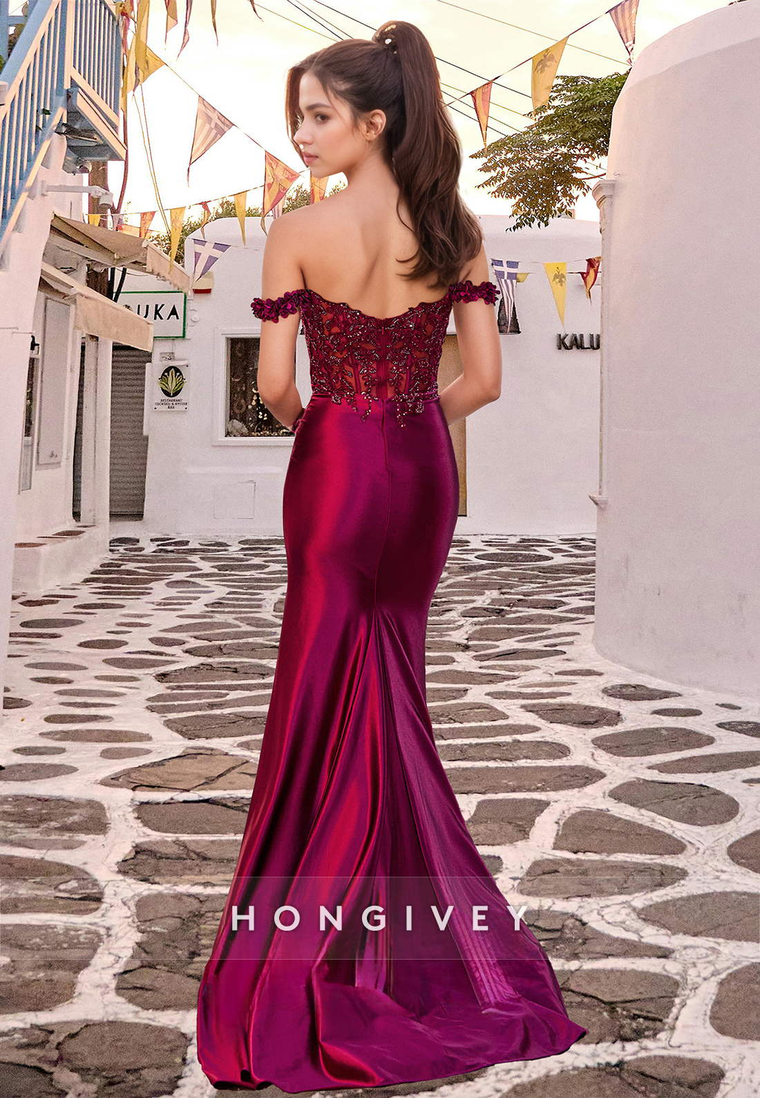 Sexy Red High Slit Applique Beaded Trumpet Formal Evening Dress HONGIVEY