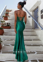 Dark Green Applique Straps Satin Trumpet Formal Evening Dress HONGIVEY