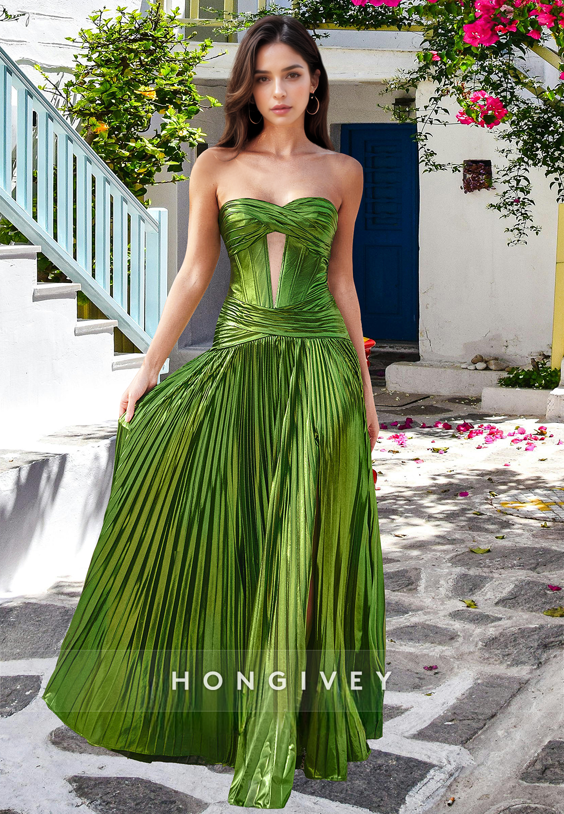 Sexy Green Strapless Pleated A-Line with Slit Prom Dress Ball Gown HONGIVEY