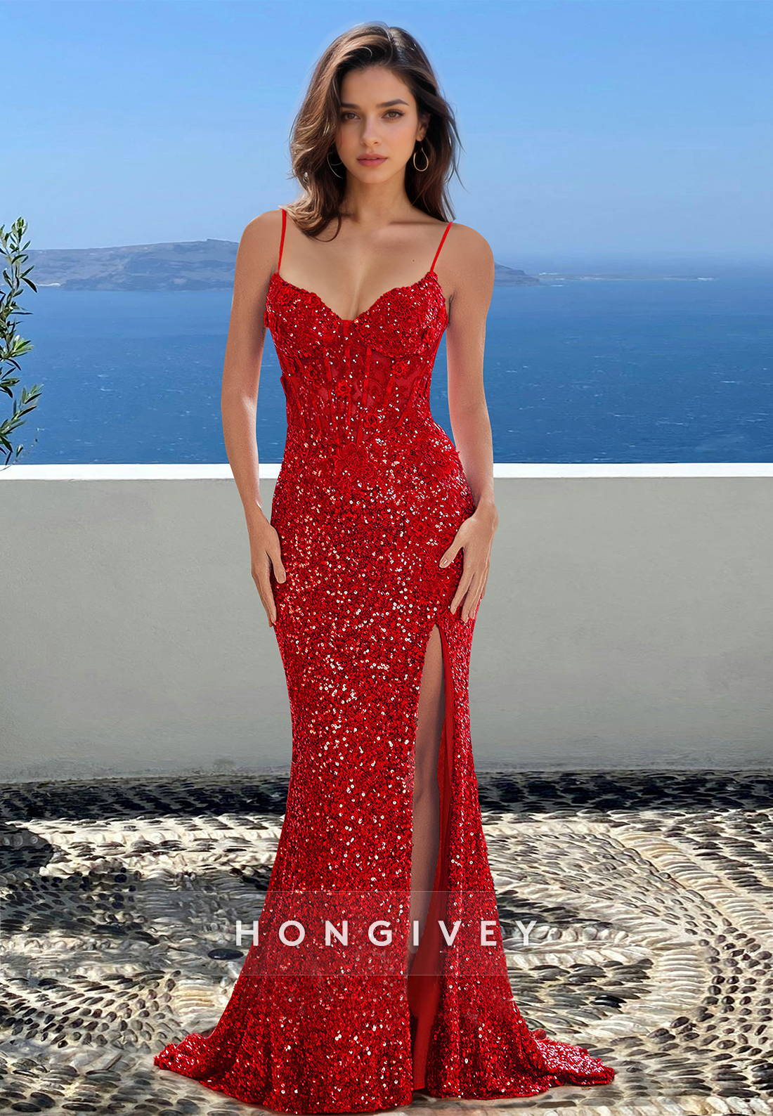 Sequined Stunning Red Spaghetti Straps Formal Evening Dress Party Gown