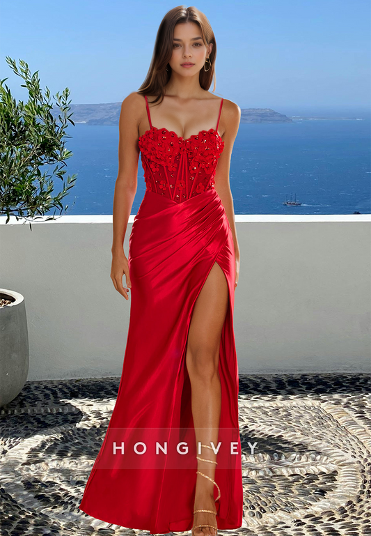 Sexy Spaghetti Straps Red Applique Ruched Slit Sheath Evening Dress