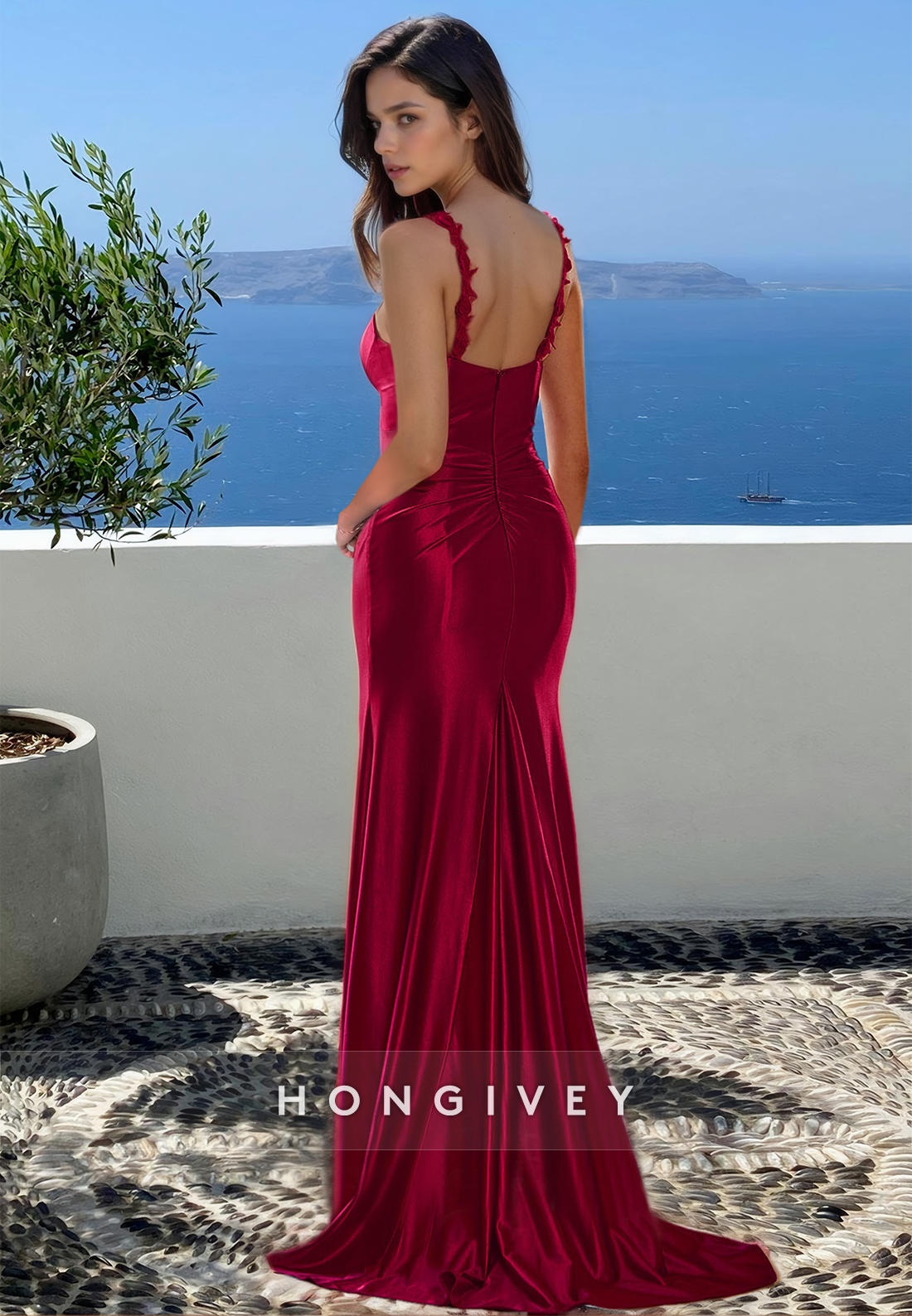 Chic Off-Shoulder Straps Empire Red with Slit Formal Gown Evening Dress