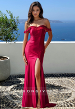 Chic Off-Shoulder Straps Empire Red with Slit Formal Gown Evening Dress