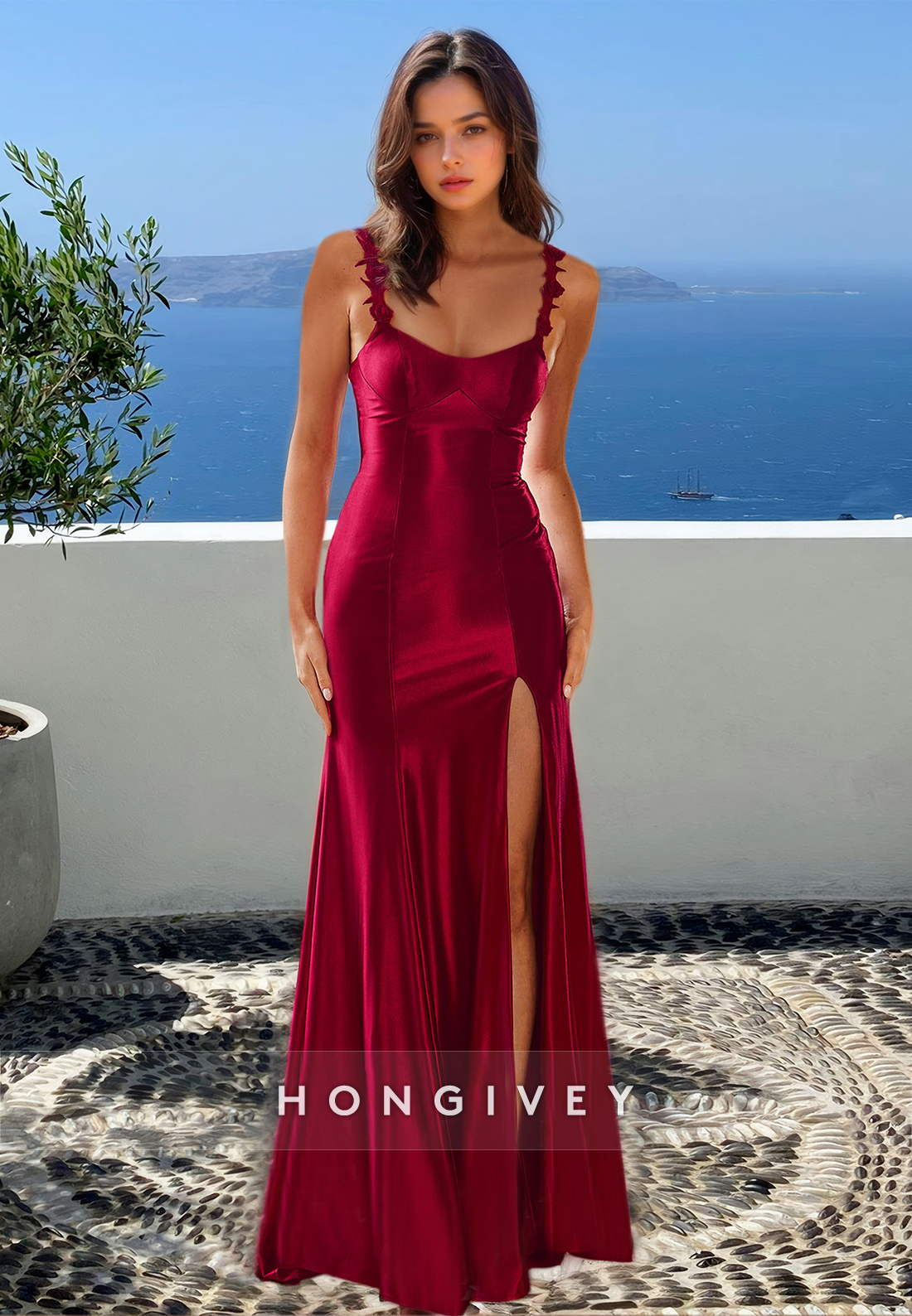 Chic Off-Shoulder Straps Empire Red with Slit Formal Gown Evening Dress