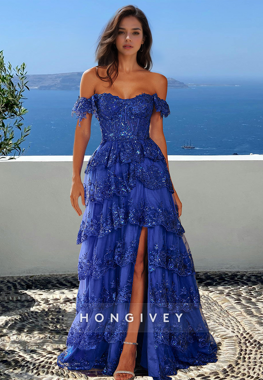 Tiered Off-Shoulder Prom Dress Stunning A-Line Navy Blue Ball Gown