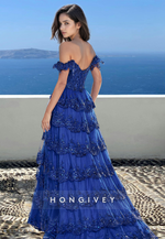 Tiered Off-Shoulder Prom Dress Stunning A-Line Navy Blue Ball Gown