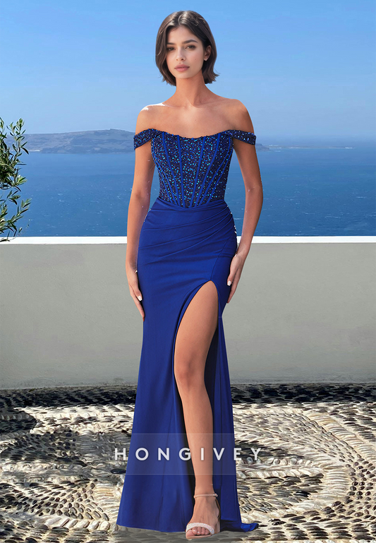 Stunning Off-Shoulder Sheath with Slit Formal Evening Dress 2025 HONGIVEY