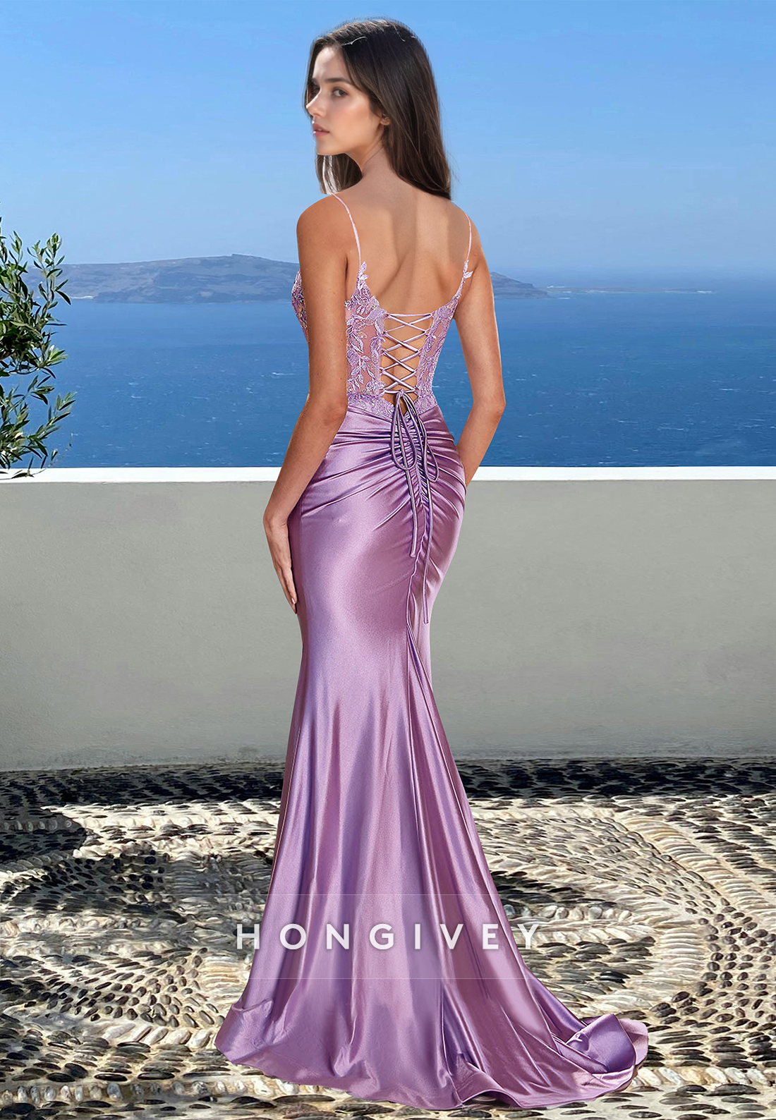 Straps Lilac Mermaid Evening Dress Satin Applique V-Neck Formal Gown