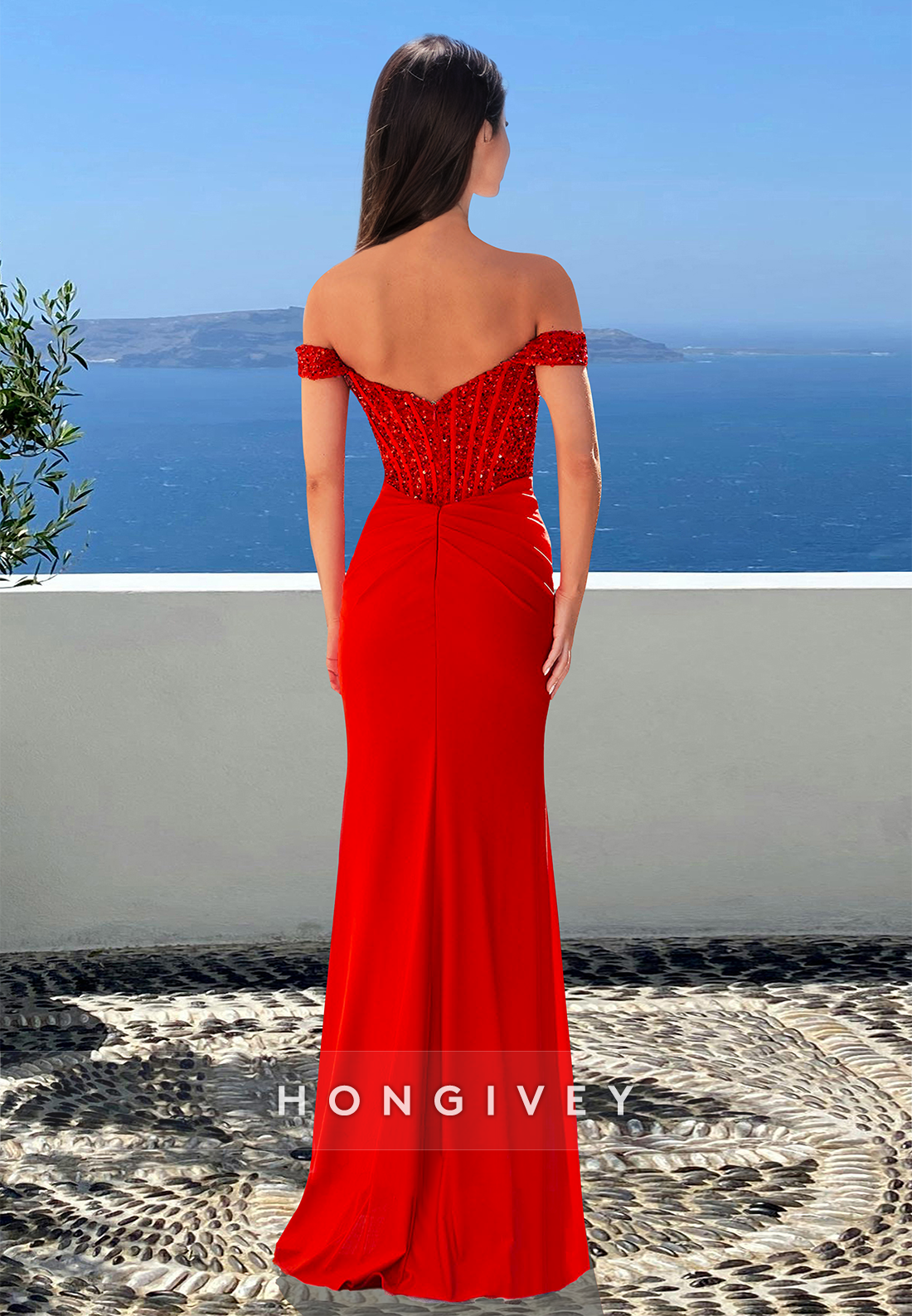 Stunning Off-Shoulder Sheath with Slit Formal Evening Dress 2025 HONGIVEY