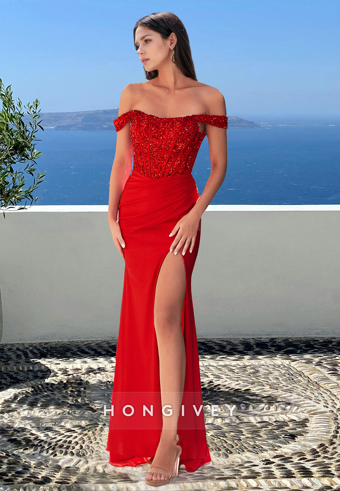 Stunning Off-Shoulder Sheath with Slit Formal Evening Dress 2025 HONGIVEY