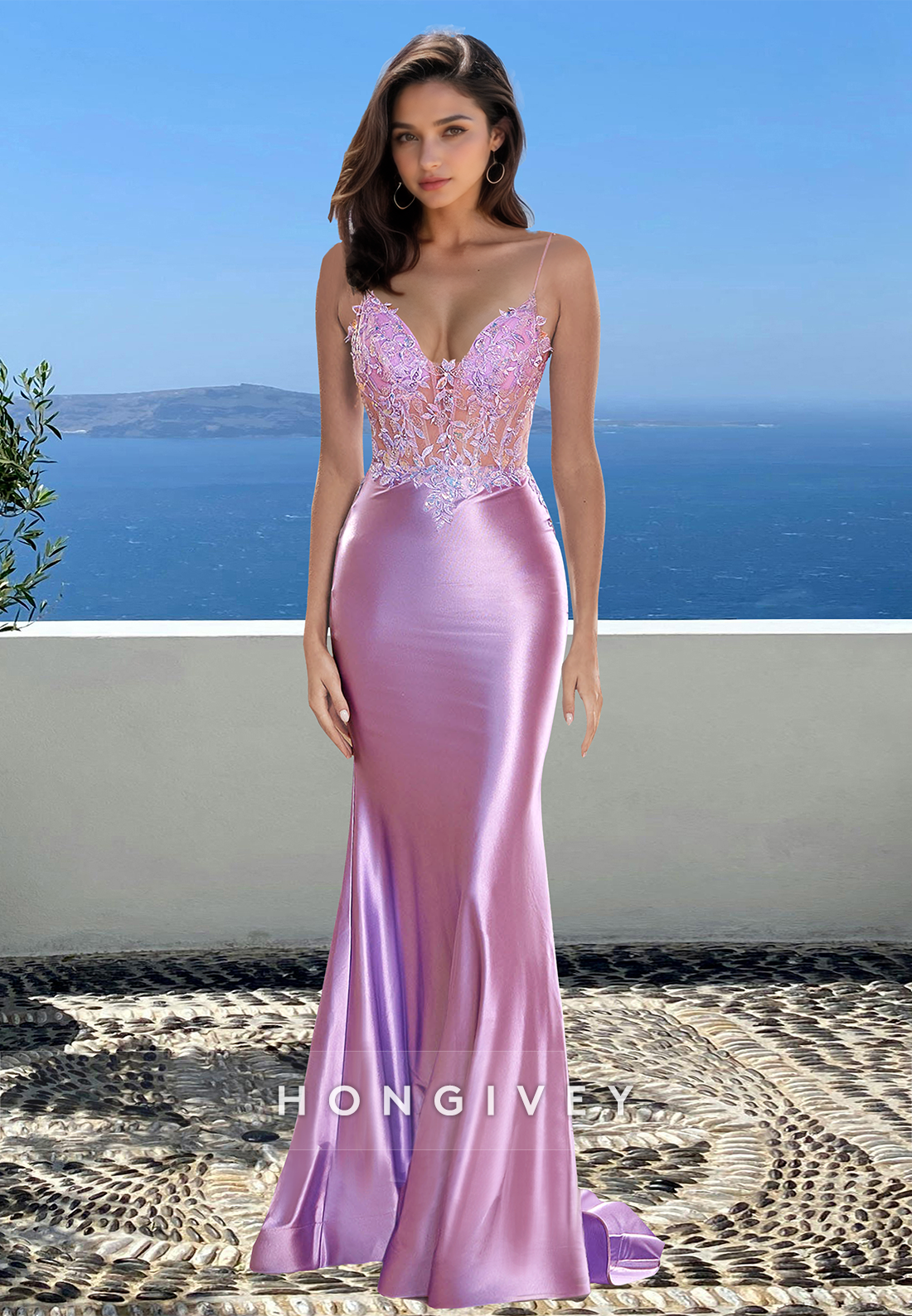 Straps Lilac Mermaid Evening Dress Satin Applique V-Neck Formal Gown