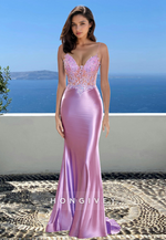 Straps Lilac Mermaid Evening Dress Satin Applique V-Neck Formal Gown