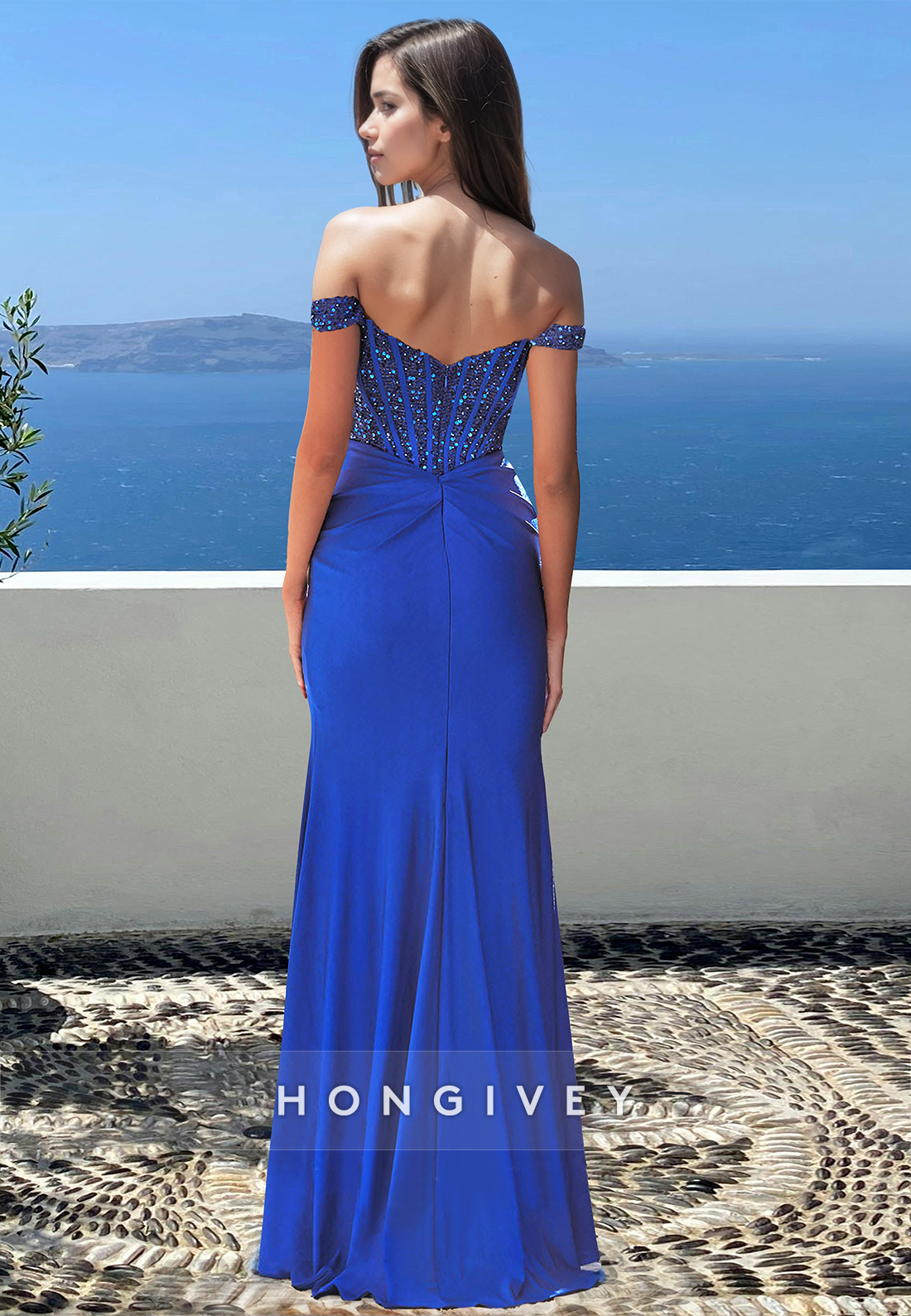 Stunning Off-Shoulder Sheath with Slit Formal Evening Dress 2025 HONGIVEY