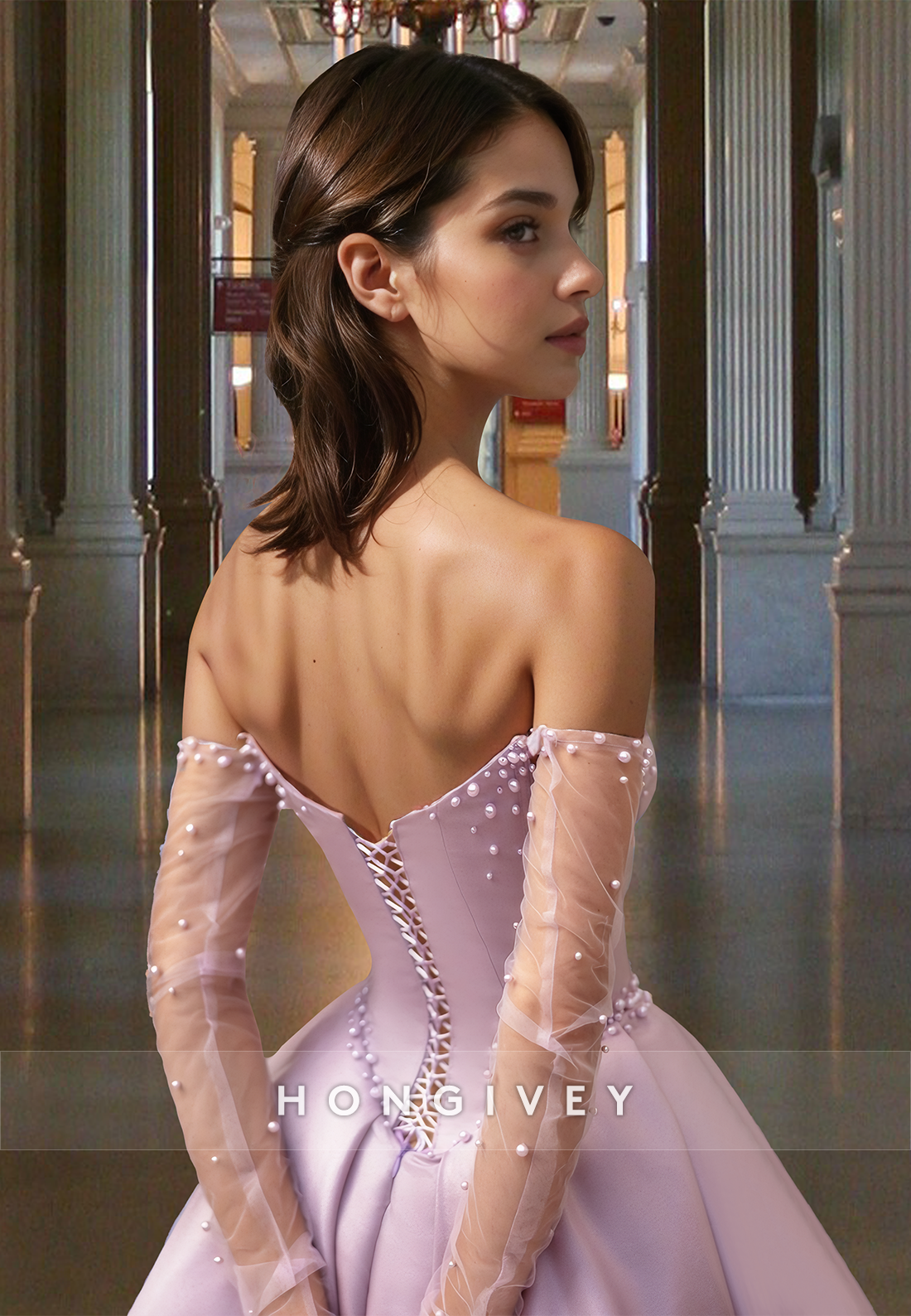 Sheer Pearls Long Sleeves Prom Dress Pink Strapless Corset Ball Gown