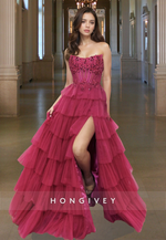 Hot Bateau Tiered Tulle Evening Dress Applique A-Line Ball Gown HONGIVEY