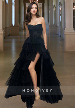 Hot Bateau Tiered Tulle Evening Dress Applique A-Line Ball Gown HONGIVEY