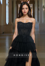 Hot Bateau Tiered Tulle Evening Dress Applique A-Line Ball Gown HONGIVEY