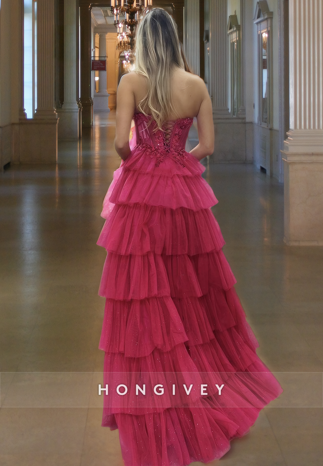 Hot Bateau Tiered Tulle Evening Dress Applique A-Line Ball Gown HONGIVEY