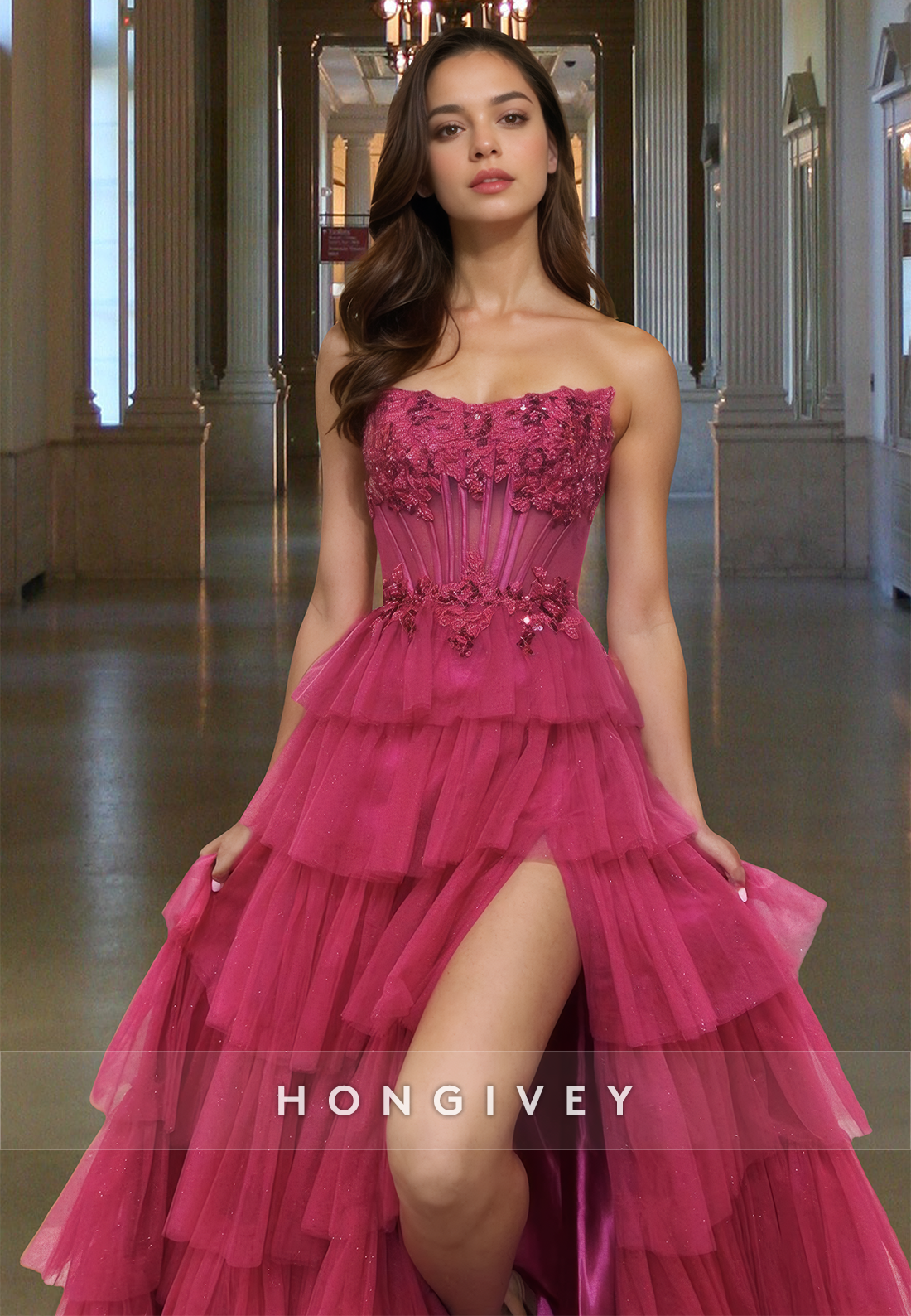 Hot Bateau Tiered Tulle Evening Dress Applique A-Line Ball Gown HONGIVEY