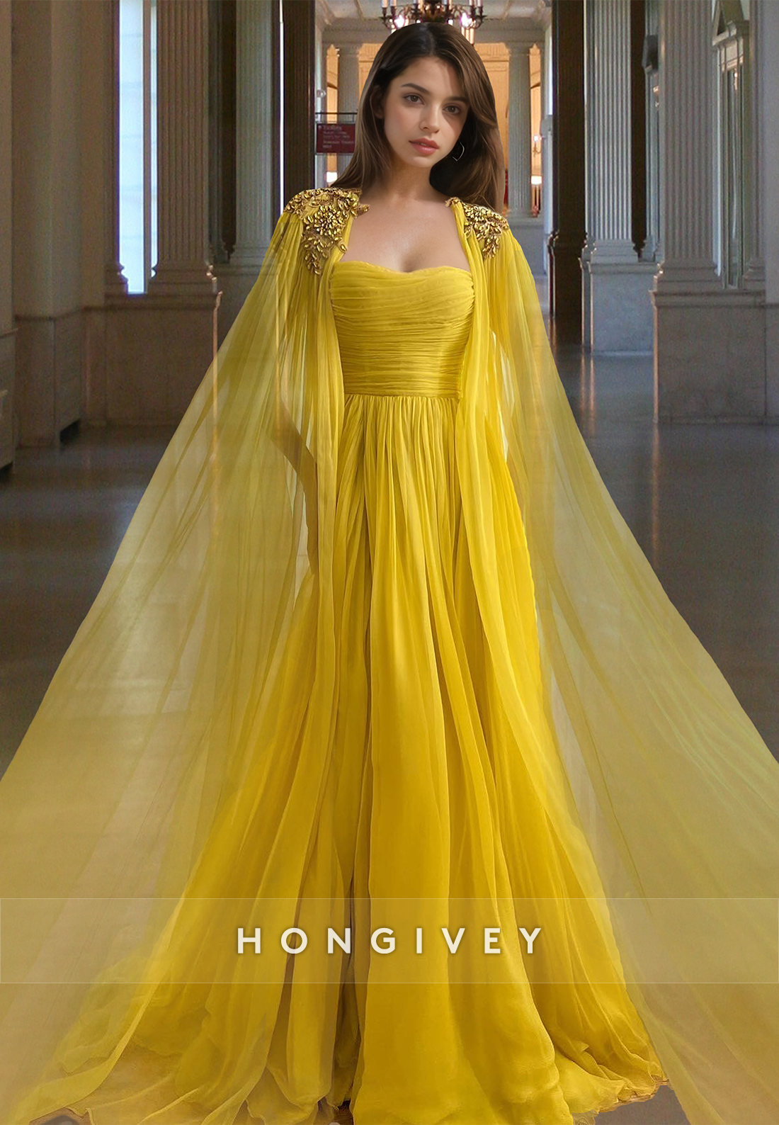 Yellow with cape Strapless Tulle Party Prom Dress Ball Gown HONGIVEY Yellow with cape Strapless Tulle Party Prom Dress Ball Gown HONGIVEY