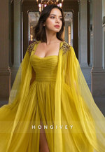 Yellow with cape Strapless Tulle Party Prom Dress Ball Gown HONGIVEY