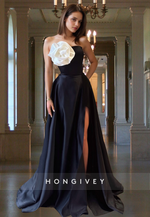 Black Strapless Flower A-Line Evening Dress Formal Party Prom Gown HONGIVEY