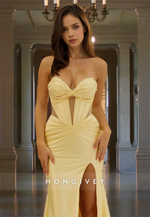 Sexy Sweetheart Corset Yellow Slit Satin Evening Dress Party Gown HONGIVEY