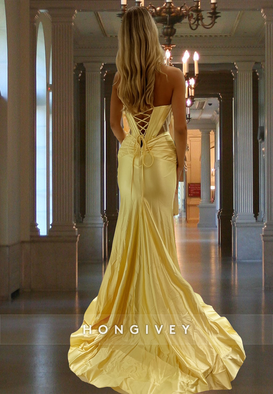 Sexy Sweetheart Corset Yellow Slit Satin Evening Dress Party Gown HONGIVEY