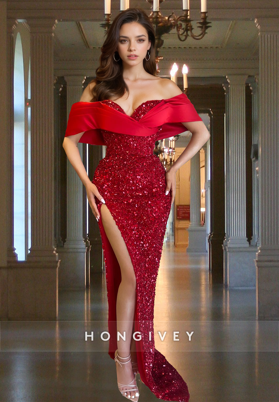 Sequined Off-Shoulder Red Slit Empire Evening Dress Party Gown HONGIVEY