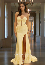 Sexy Sweetheart Corset Yellow Slit Satin Evening Dress Party Gown HONGIVEY