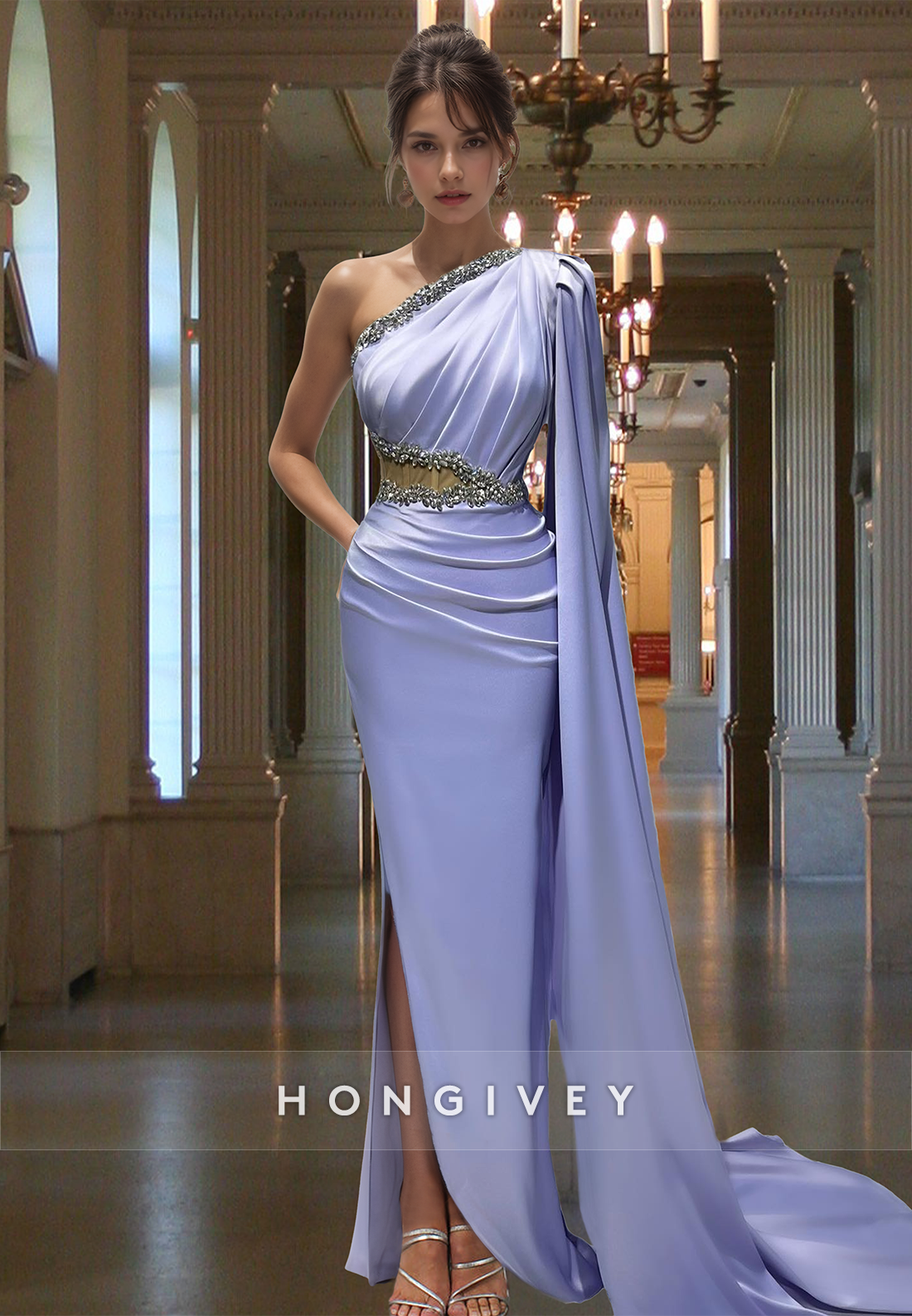 Chic One Shoulder Sleeves Asymmetrical Lavender Formal Evening Dress Gown