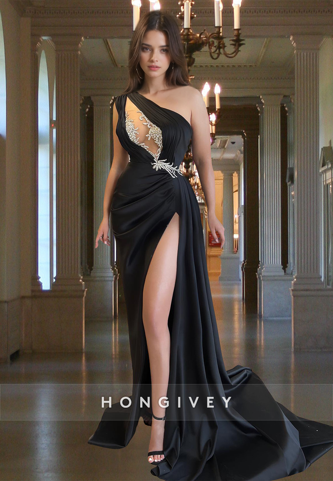 Chic Black Asymmetrical High Slit with Train Cocktail Evening Dress Party Gown