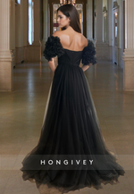 Black A-Line Formal Party Gown Elegant V-Neck Off-Shoulder Tulle Prom Dress