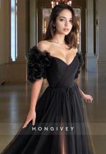 Black A-Line Formal Party Gown Elegant V-Neck Off-Shoulder Tulle Prom Dress