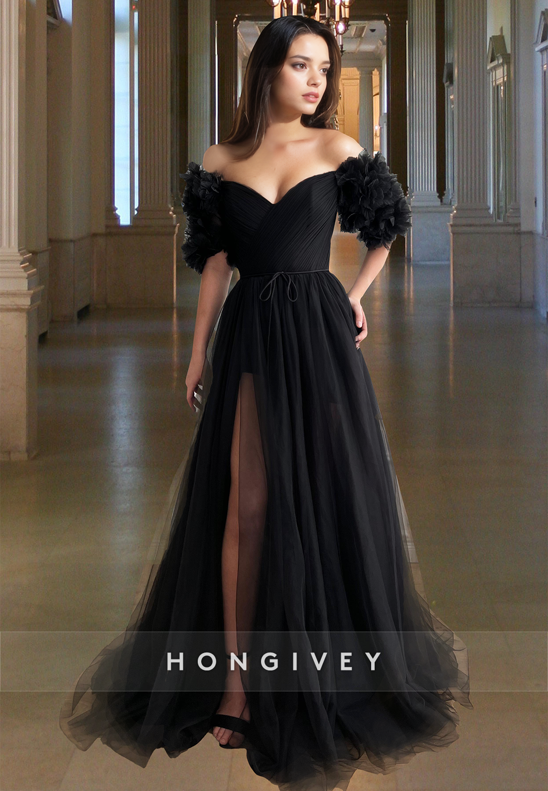 Black A-Line Formal Party Gown Elegant V-Neck Off-Shoulder Tulle Prom Dress