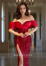 Sequined Off-Shoulder Red Slit Empire Evening Dress Party Gown HONGIVEY