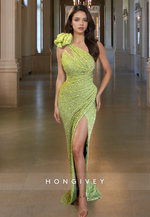 Sexy One Shoulder Flower Slit Green Sequined Evening Dress Gown HONGIVEY