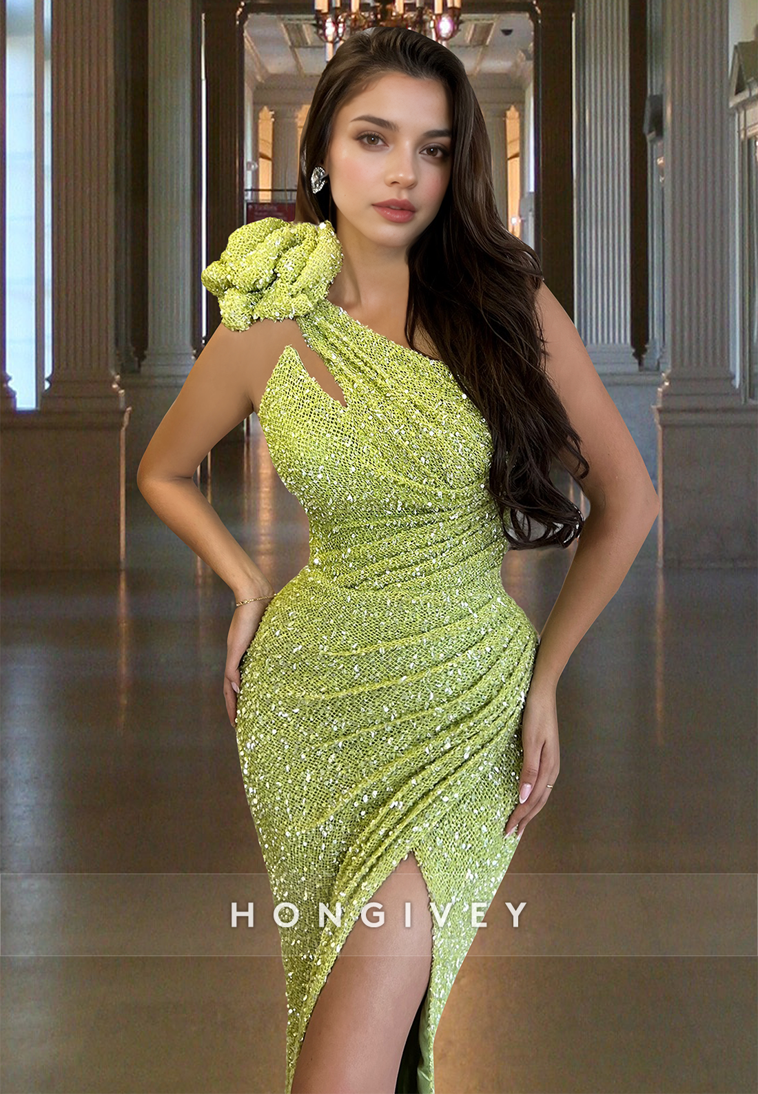 Sexy One Shoulder Flower Slit Green Sequined Evening Dress Gown HONGIVEY