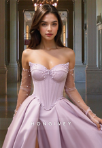 Sheer Pearls Long Sleeves Prom Dress Pink Strapless Corset Ball Gown