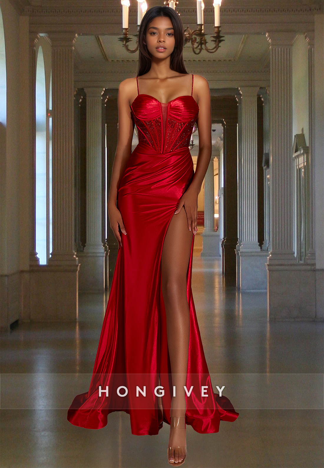 Sexy Sweetheart Straps Slit Red Sequined Satin Formal Party Evening Dress