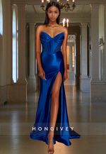 Sexy Ruched with Slit Strapless Blue Trumpet Satin  Formal Party Evening Dress