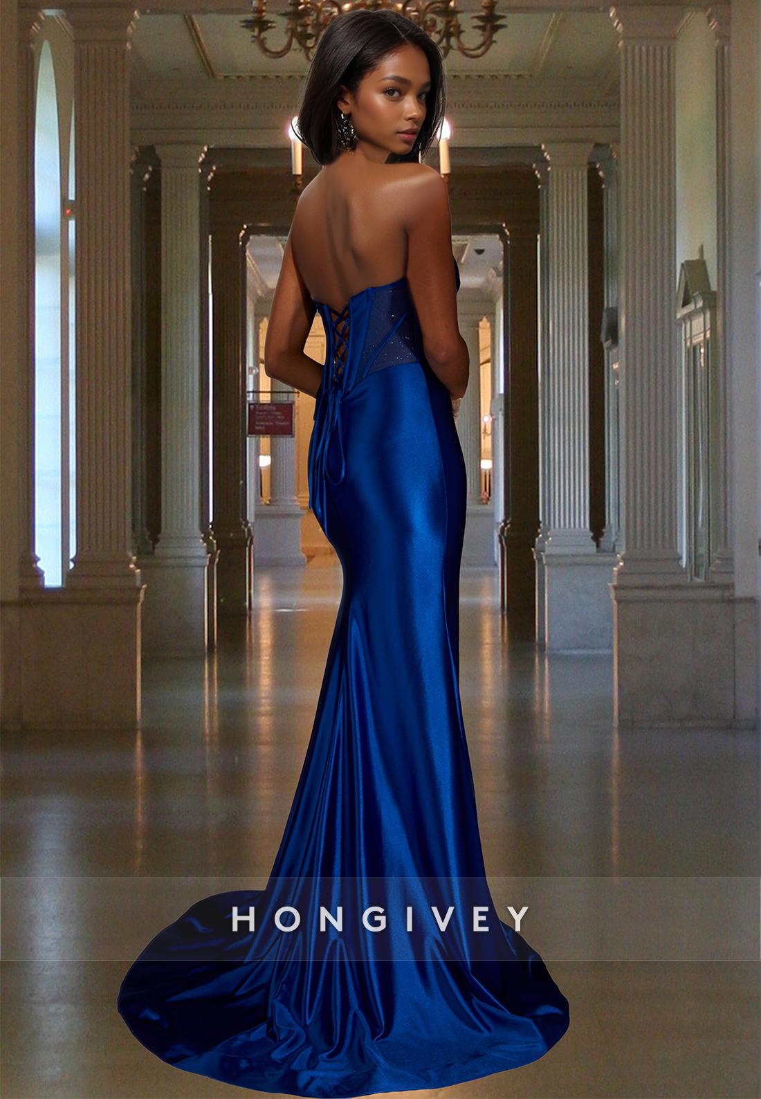 Sexy Ruched with Slit Strapless Blue Trumpet Satin  Formal Party Evening Dress