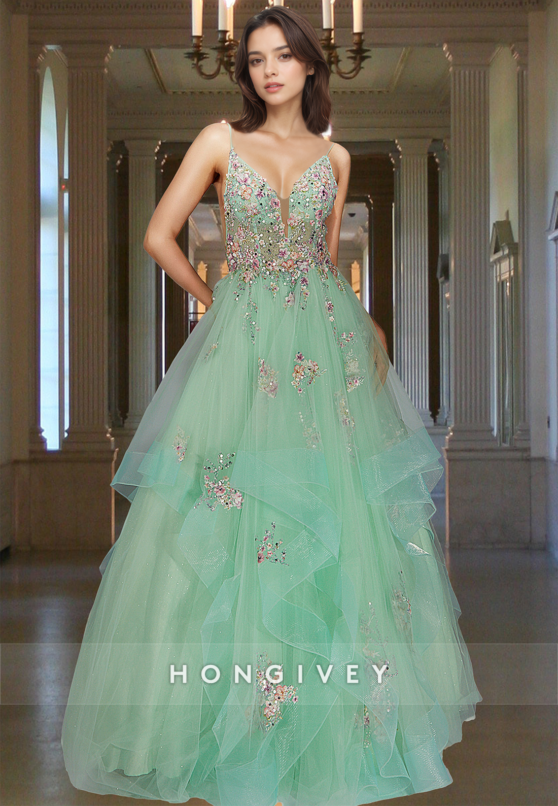 Floral Spring Green Tulle Evening Dress Applique New Straps Long Ball Gown