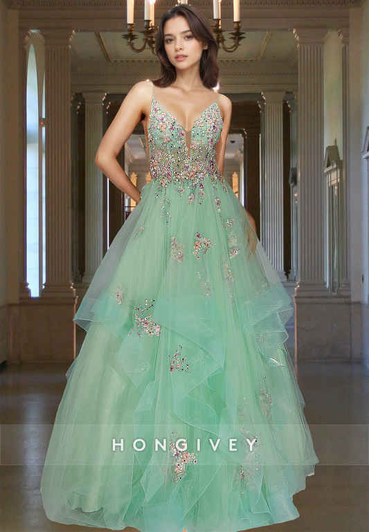 Floral Spring Green Tulle Evening Dress Applique New Straps Long Ball Gown