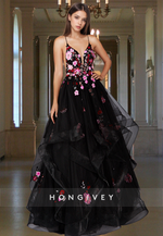 Black Floral Spring Spaghetti Straps Tulle Evening Dress Party Prom Ball Gown