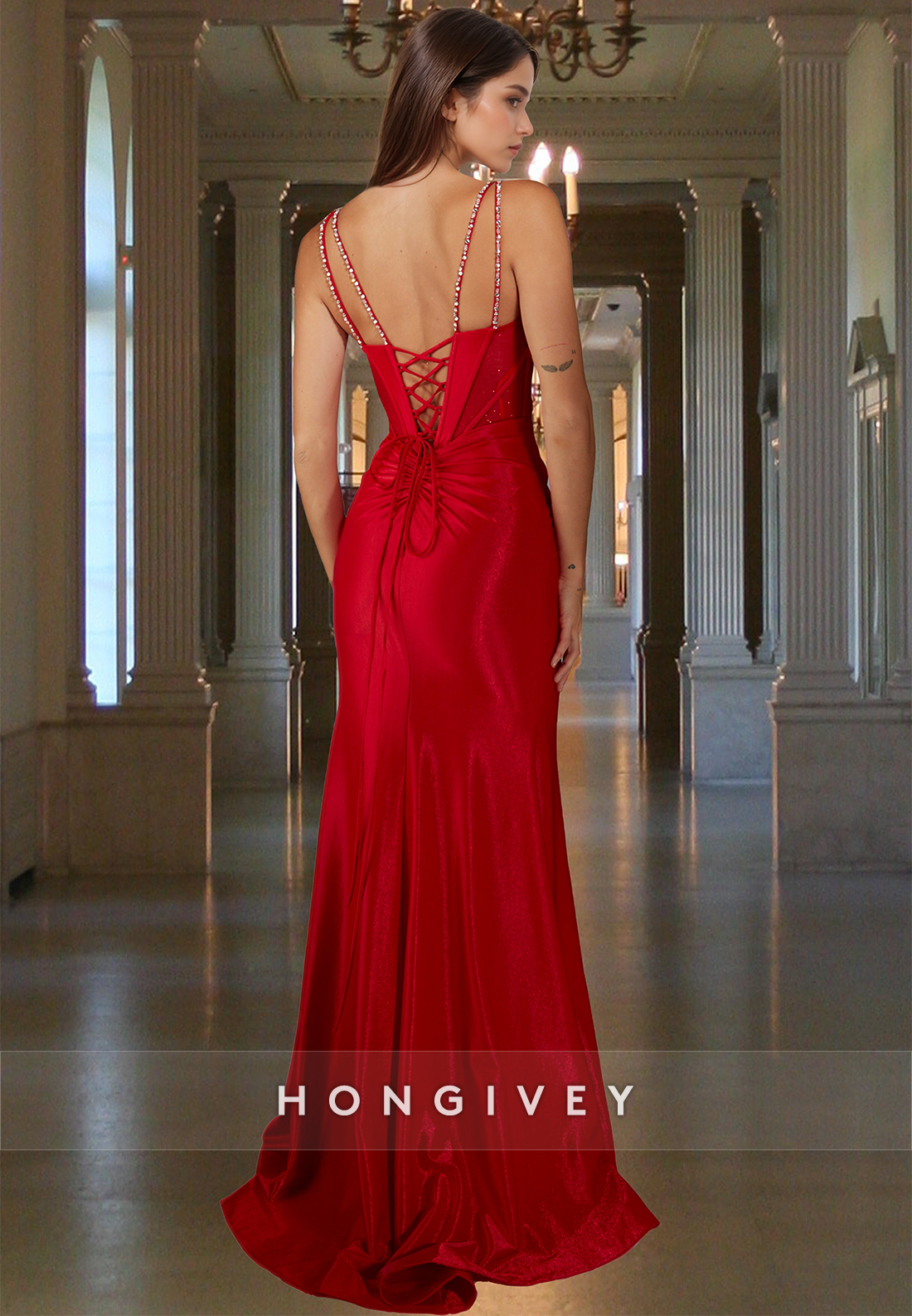 Hot Beaded Spaghetti Straps with Slit Red Sexy Satin Formal Evening Dress