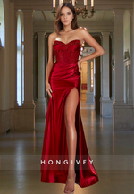 Sexy Dark Red Strapless with Slit Floor-Length Formal Evening Dress HONGIVEY