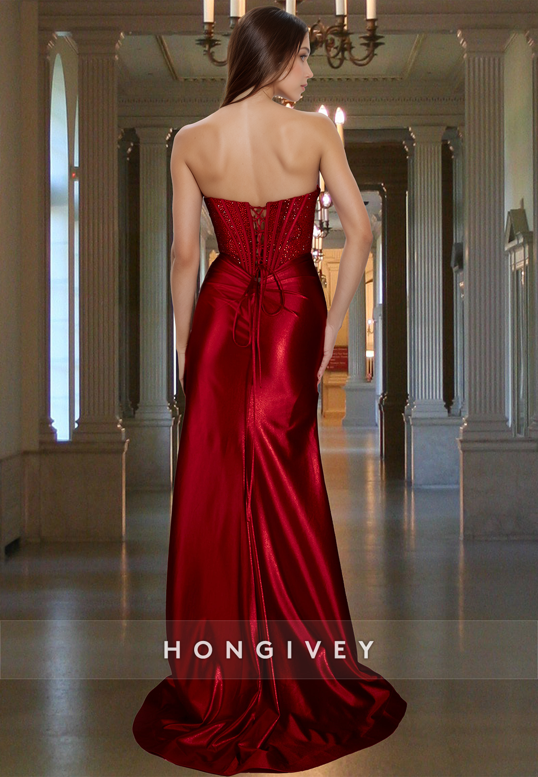 Sexy Dark Red Strapless with Slit Floor-Length Formal Evening Dress HONGIVEY