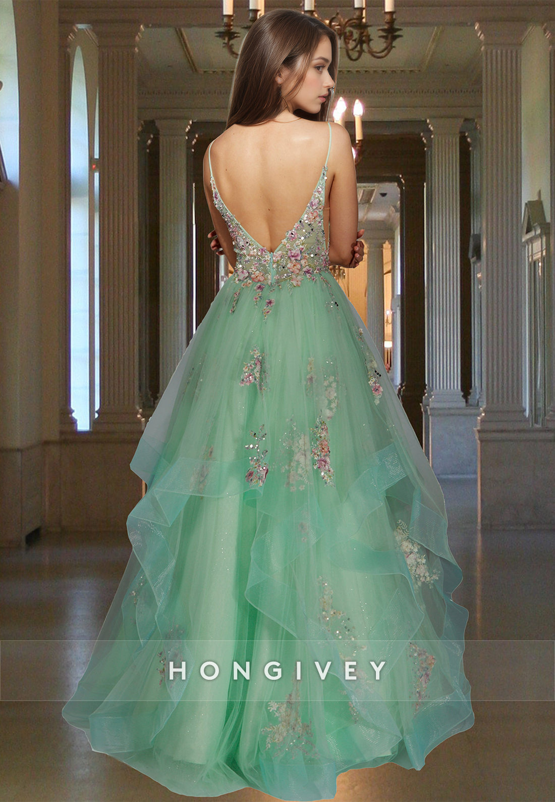 Floral Spring Green Tulle Evening Dress Applique New Straps Long Ball Gown