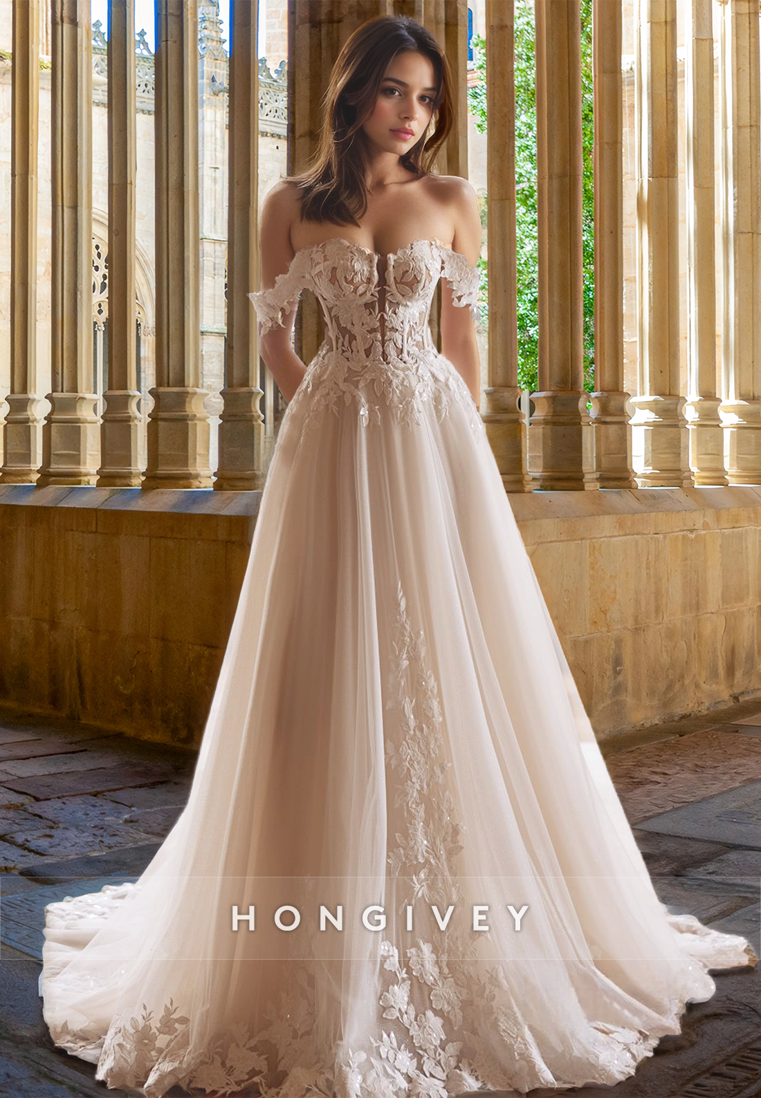 Applique Tulle Off-Shoulder A-Line Wedding Dress Bride Gown HONGIVEY